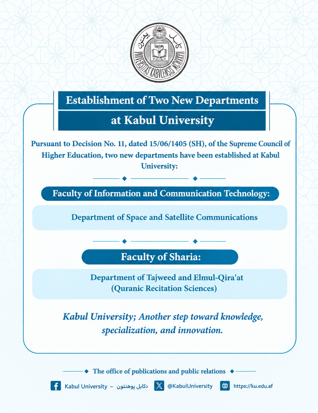 Establishment of Two New Departments at Kabul University
