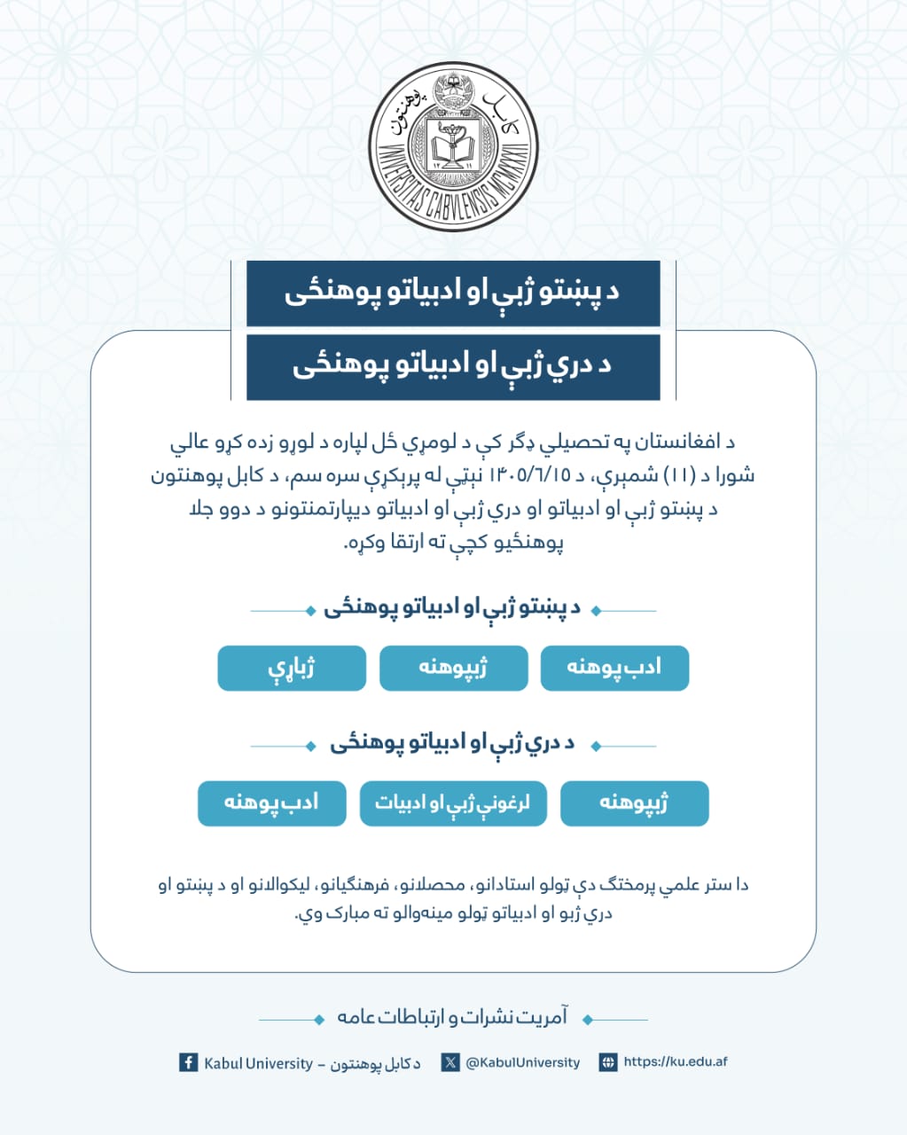 ارتقای دیپارتمنت‌های زبان پشتو و دری پوهنتون کابل به دو پوهنځی مستقل