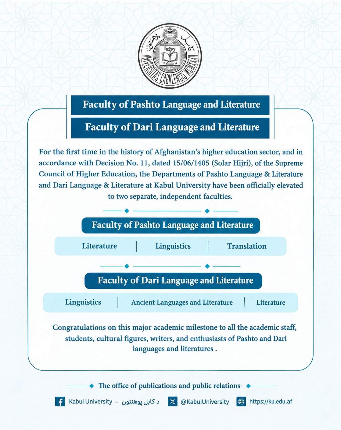 Elevation of Kabul University’s Pashto and Dari Departments to Two Independent Faculties